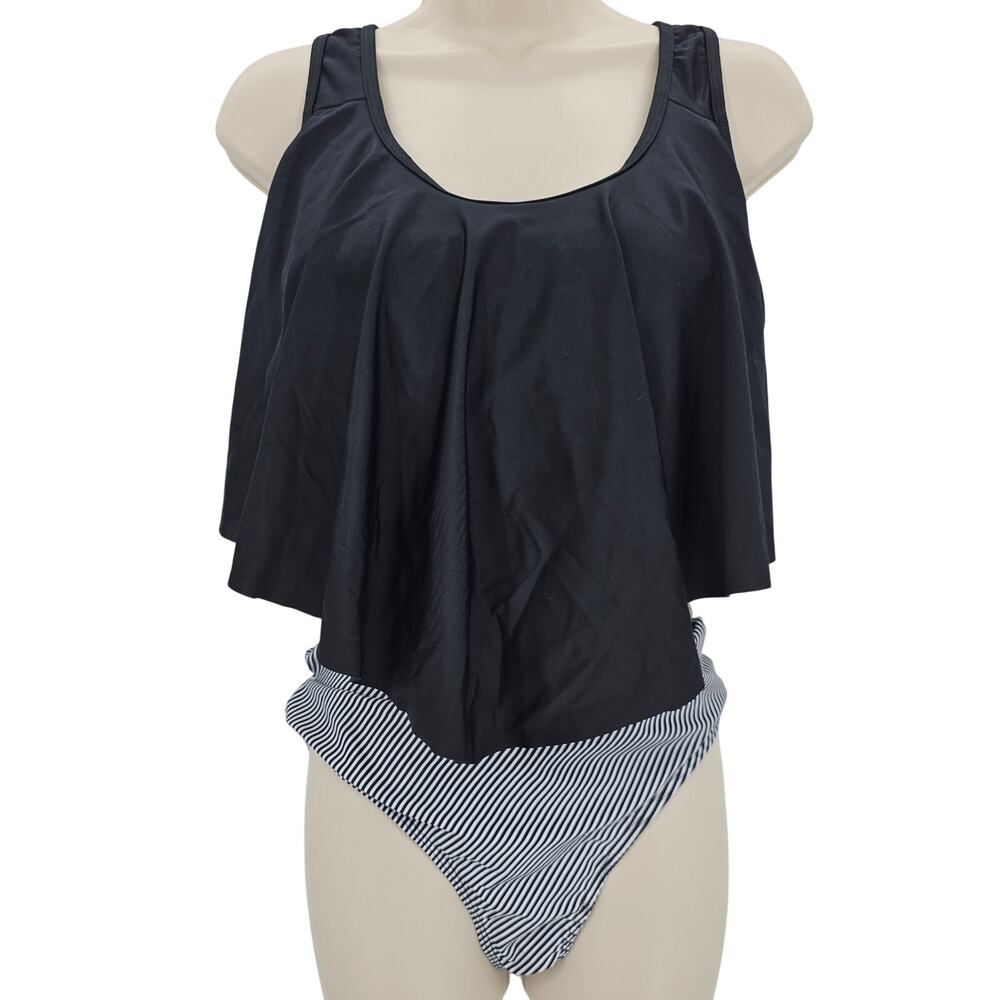 Zando Womans size XL 2 Piece Tankini High Waist Swimsuit Set Stripe Black NWOT